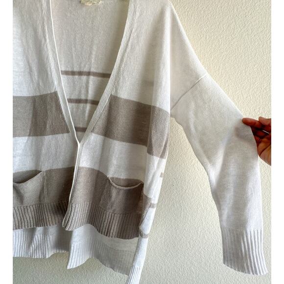 Eileen Fisher XS Linen Slub Cardigan Striped Beige White Lightweight Sweater - Picture 3 of 10